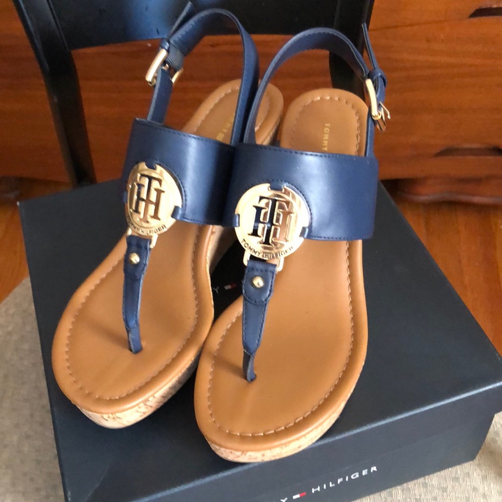 Tommy Hilfiger Navy & Gold Cork Wedge Sandles